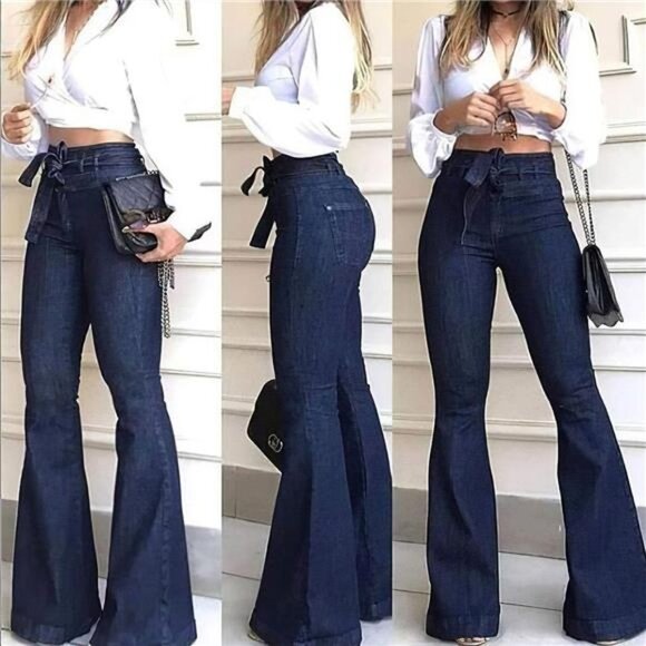 Dark Wash High Waist Bell Bottom Flare‎ Jeans Wide Leg Belted Bow Denim Pants - Picture 1 of 6